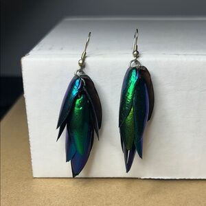 Beetle earrings long metallic green natural recycled beetle wings